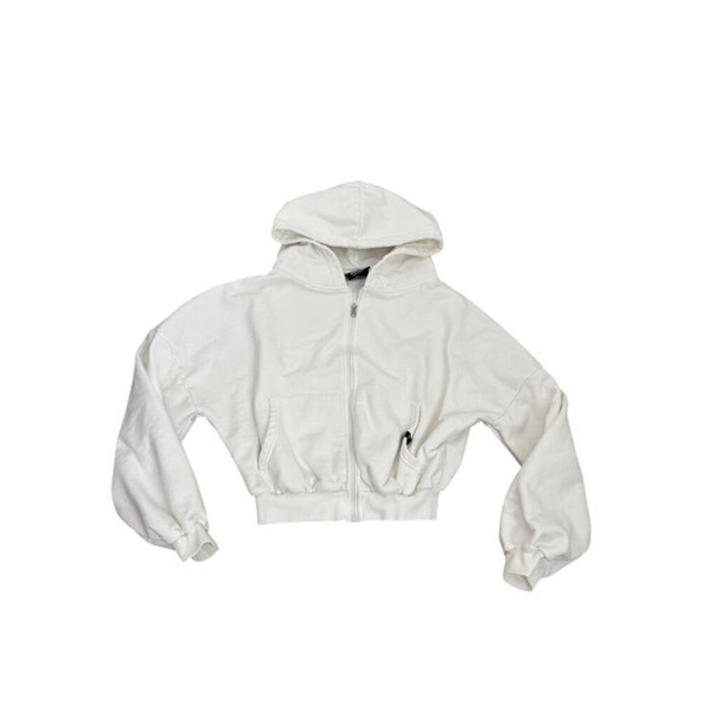 Popflex XXS/XS White Cropped Zip-Up Hoodie With Front Pockets & Drawstring Cuff